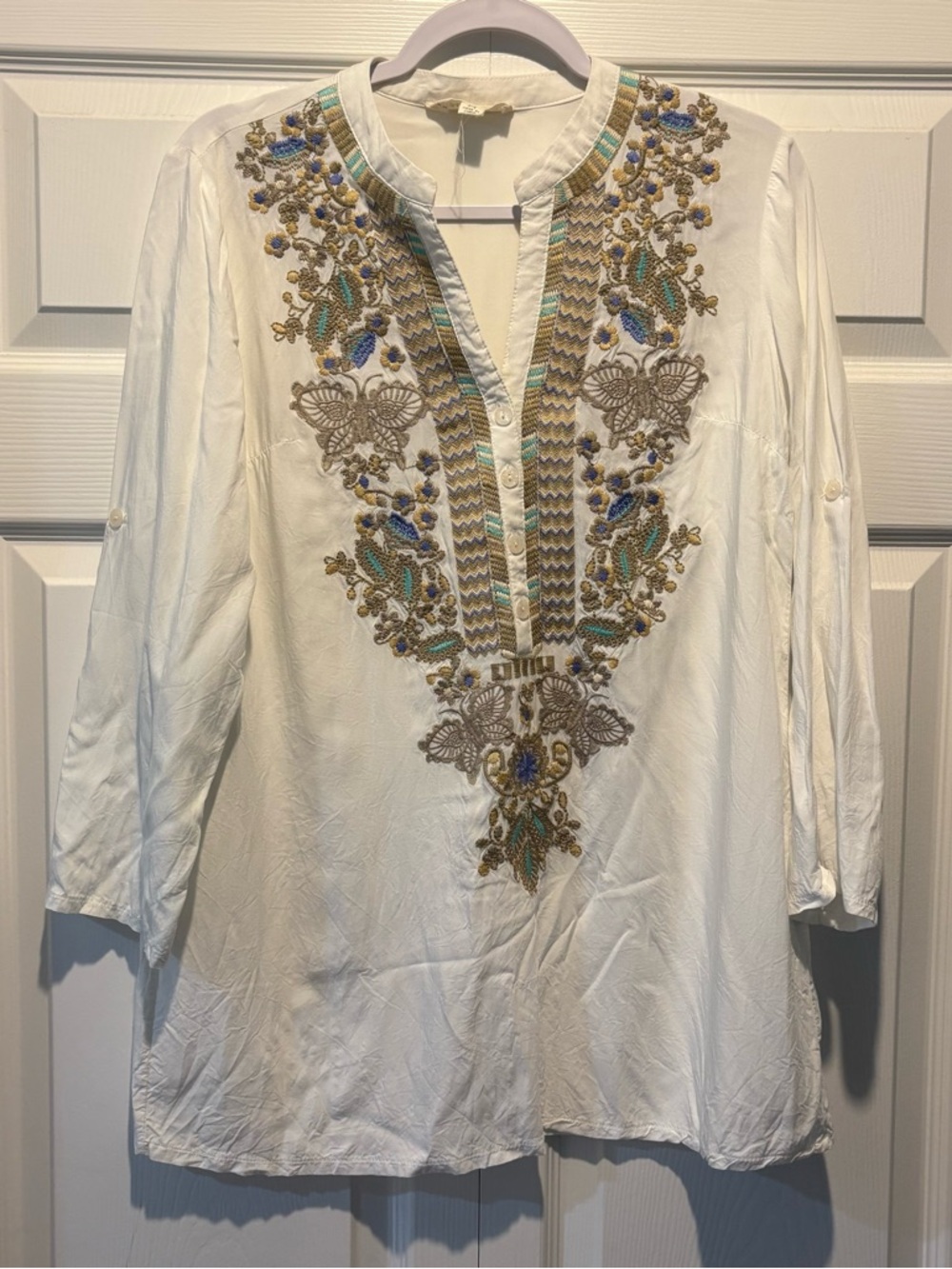 Luna Moon white embroidered gold blue  3/4 sleeve tunic boho festival top sz M